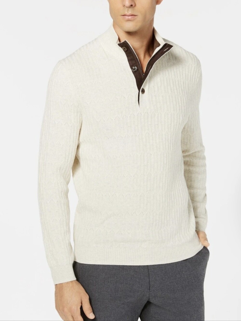 Tasso Elba Men's Supima Cotton Cream Textured Mock-neck Sweater 3 Button/zip XL